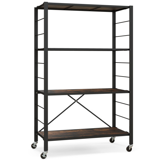4 Tier Foldable Metal Storage Shelf with Wheels Black