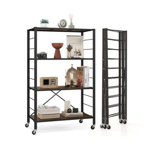 4 Tier Foldable Metal Storage Shelf with Wheels Black