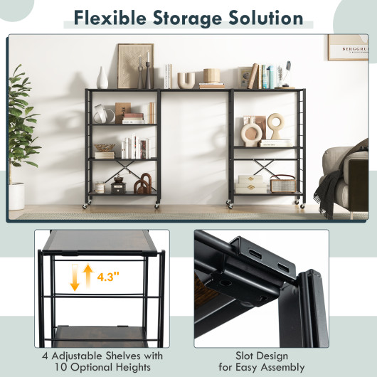 4 Tier Foldable Metal Storage Shelf with Wheels Black