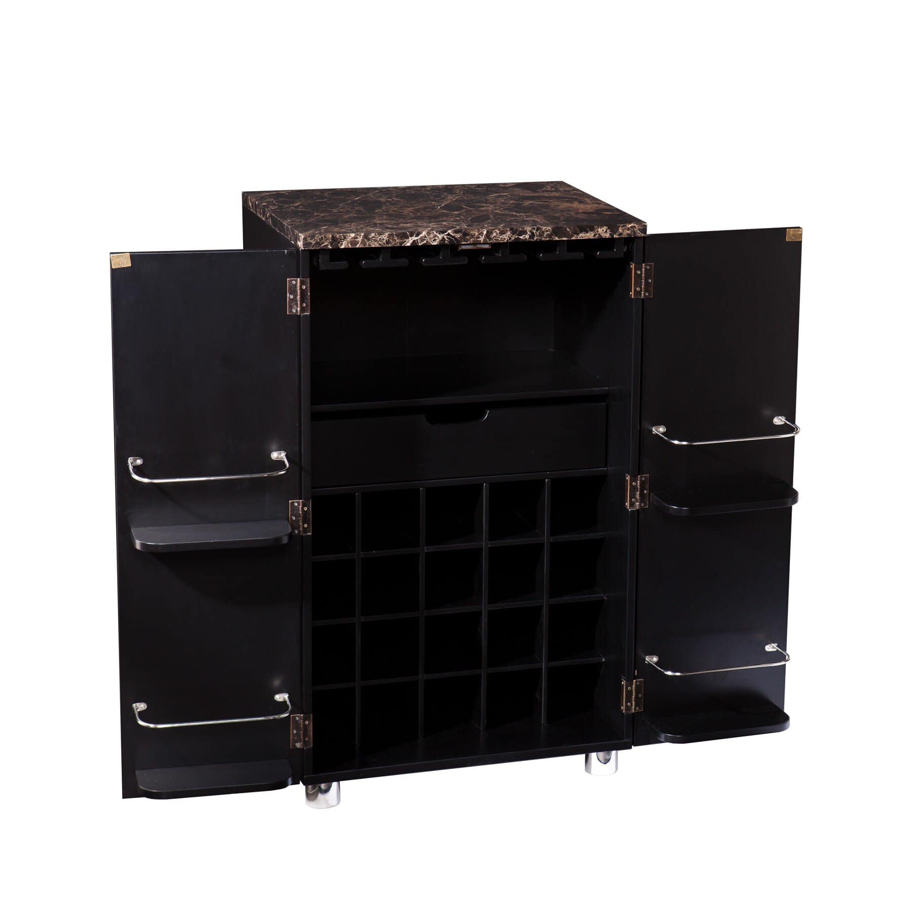 Black Wood and Marble Bar Cabinet with Wine Storage - Image 2