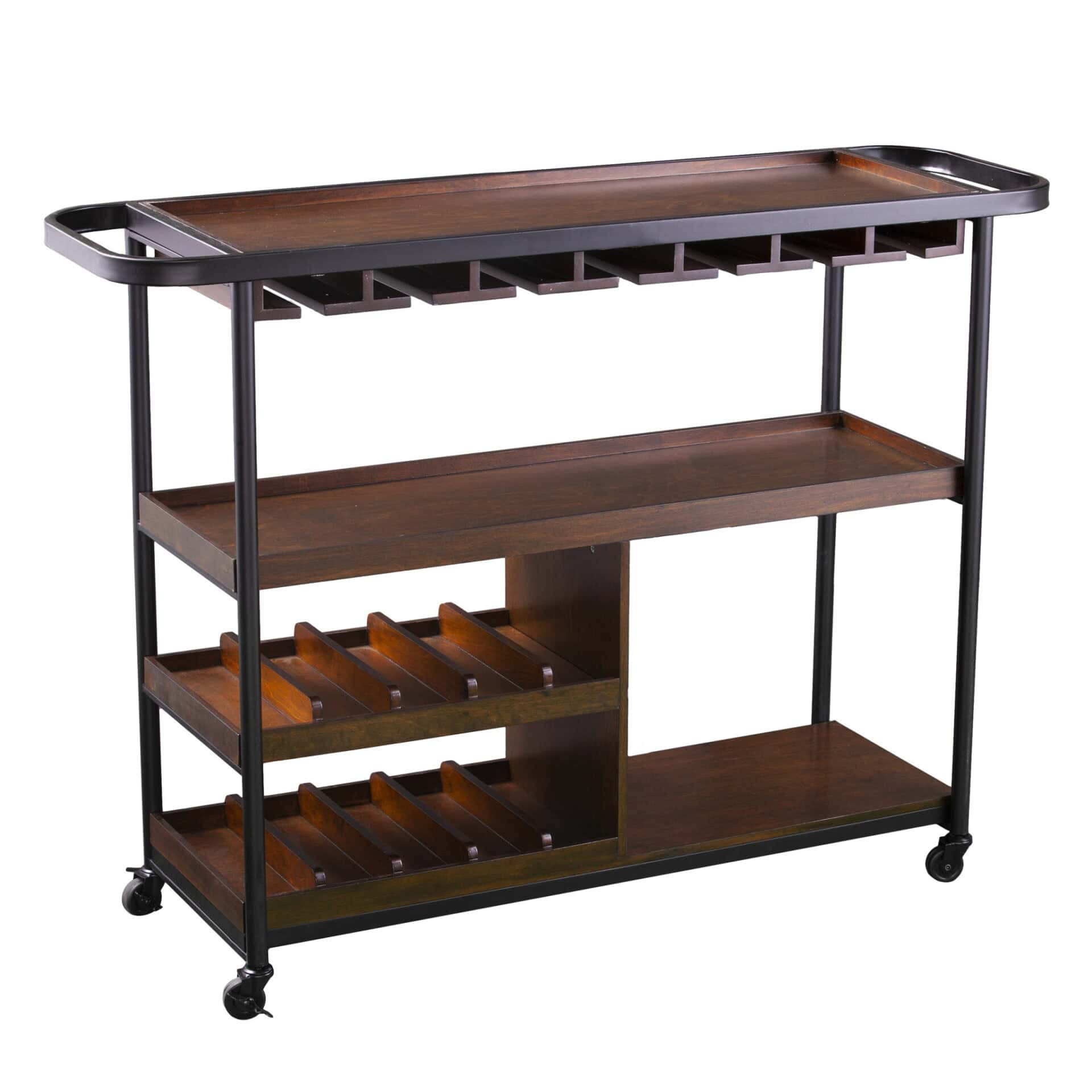 Brown Rolling Bar Cart with Shelves, Towel Racks, and Wheels