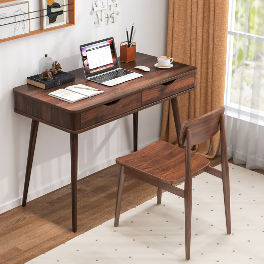 Space-Saving Computer Desk with Drawers and Sturdy Wood Legs