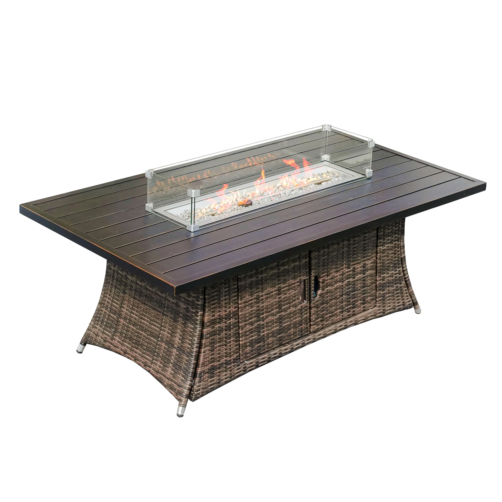 Brown Wicker Outdoor Gas Fire Pit Table with Glass Shield