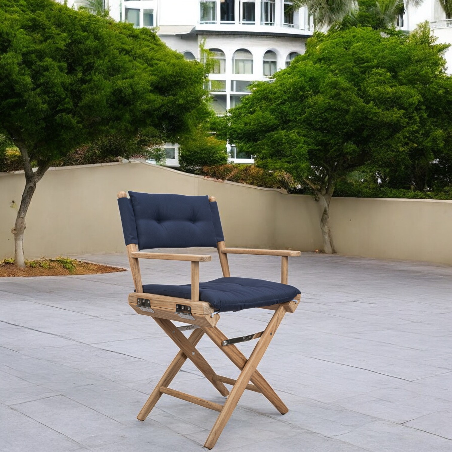 Navy Blue and Brown Teak Director Chair with Cushion