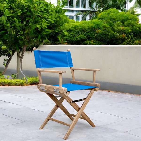 Blue And Brown Teak Folding Director Chair with Sunbrella Cushion