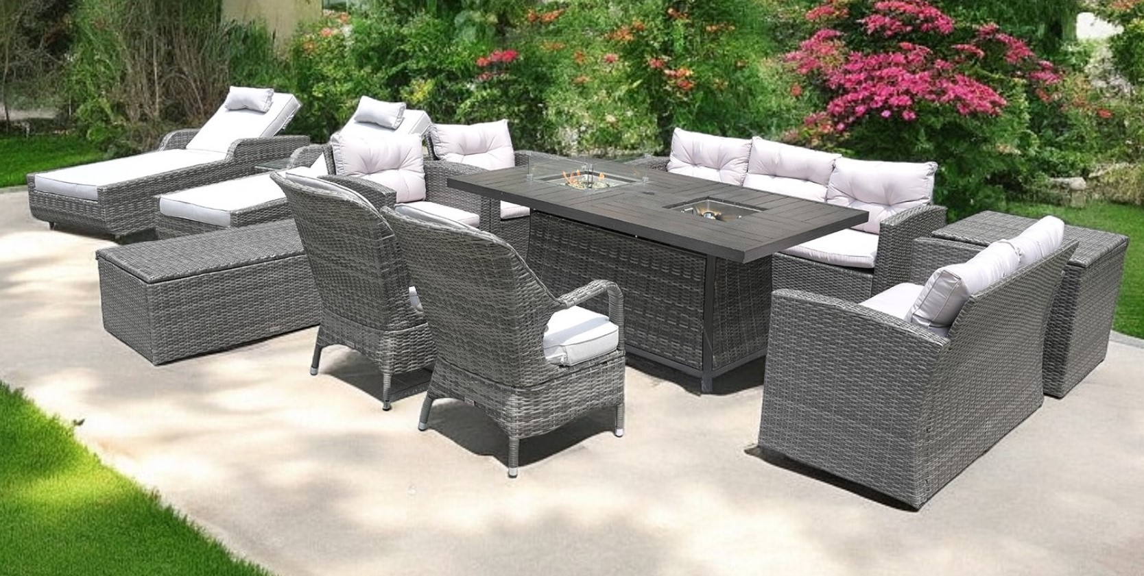 Twelve Piece Outdoor Wicker Seating Group with Fire Pit