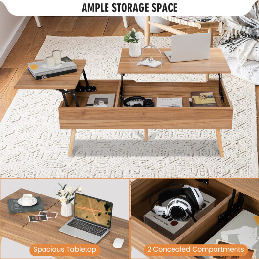 47 Inch Split Lift-Top Coffee Table with Hidden Storage