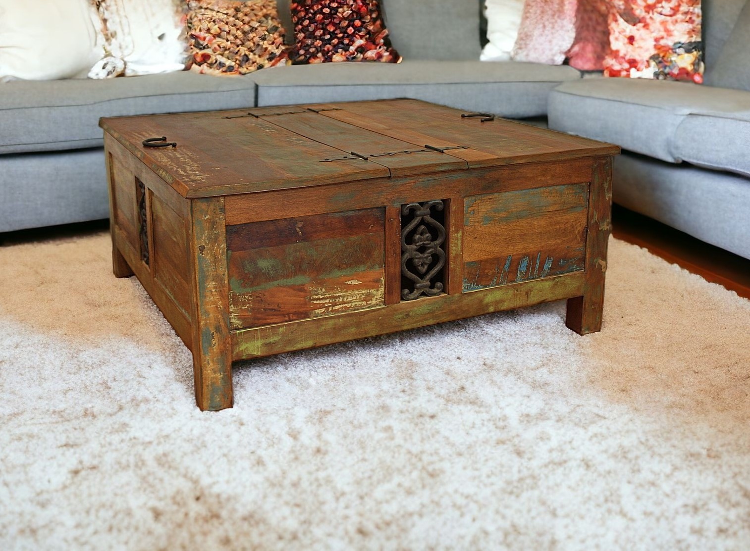 40 Inch Rustic Brown Reclaimed Wood Lift Top Coffee Table