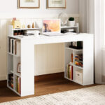 White Computer Desk with Monitor Shelf and Dual 3-Tier Bookshelves