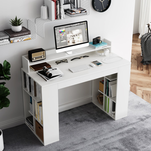 White Computer Desk with Monitor Shelf and Dual 3-Tier Bookshelves - Image 2