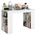 White Computer Desk with Monitor Shelf and Dual 3-Tier Bookshelves