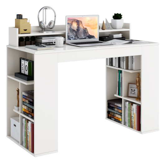 White Computer Desk with Monitor Shelf and Dual 3-Tier Bookshelves - Image 3