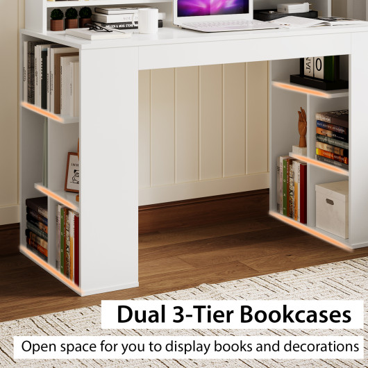 White Computer Desk with Monitor Shelf and Dual 3-Tier Bookshelves - Image 6