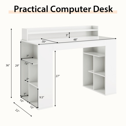 White Computer Desk with Monitor Shelf and Dual 3-Tier Bookshelves - Image 5
