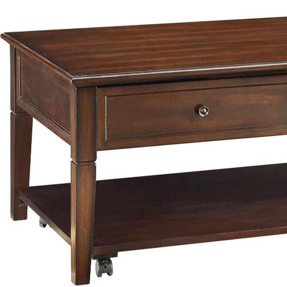 48 Inch Walnut Lift Top Coffee Table With Shelf and Wheels