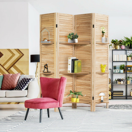 4 Panel Folding Room Divider with 3 Display Shelves
