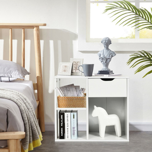 Modern 2-Tier Wooden Side Table with Drawer and Shelves