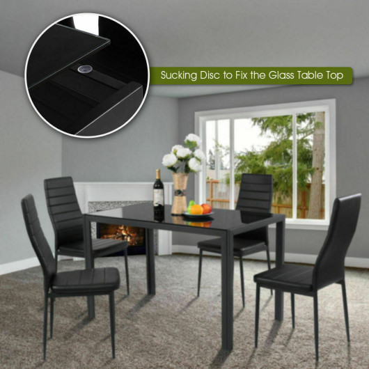 Modern Black Glass Dining Table and PVC Chairs (Set of 5)