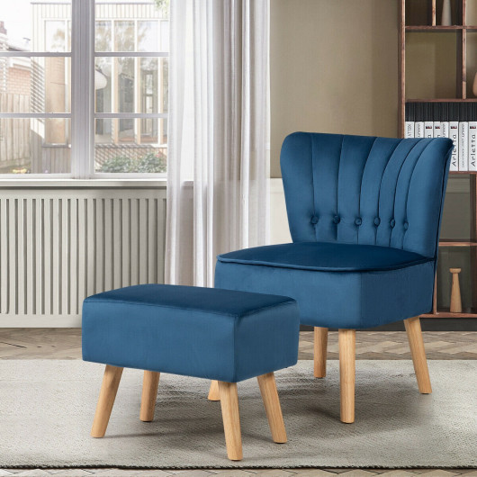 Velvet Upholstered Accent Chair and Ottoman with Wooden Legs (Set of 2) - Image 6