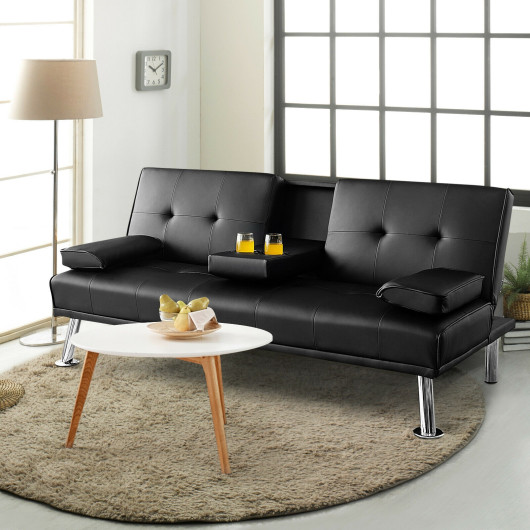 Convertible Leather Futon Sofa Bed with Cup Holders and Armrests