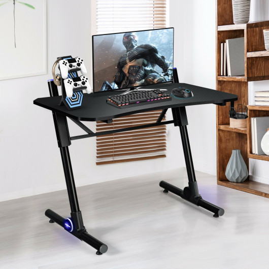 Height Adjustable Gaming Desk with LED Lights and Cup Holder