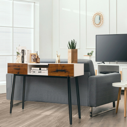 42 Inch Industrial Console Table with Drawers and Open Shelf