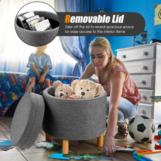 Round Fabric Storage Ottoman with Tray and Non-Slip Pads