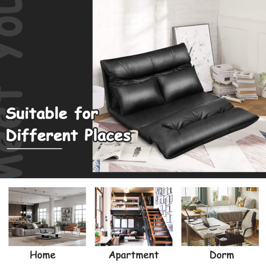 Adjustable PU Leather Folding Sofa Bed with Pillows Black