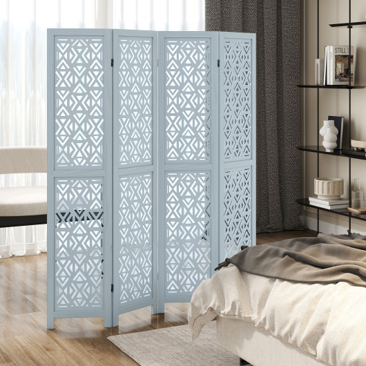 Carved Wooden 4-Panel Room Divider with Folding Design