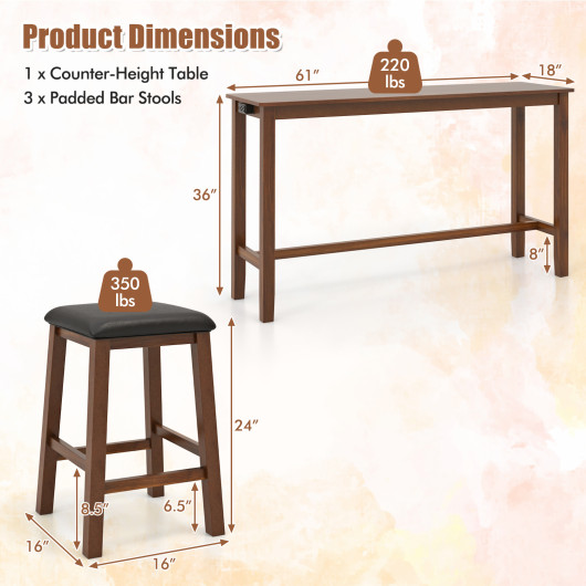 Counter-Height Bar Table Set with 3 Stools and USB Ports (Set of 4)