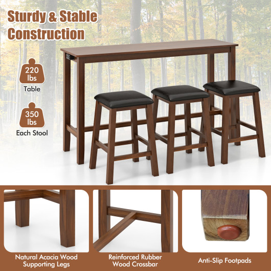 Counter-Height Bar Table Set with 3 Stools and USB Ports (Set of 4)