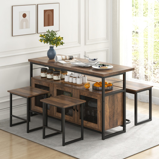 Rustic Brown Kitchen Island Set with Storage and Seating (4) - Image 2
