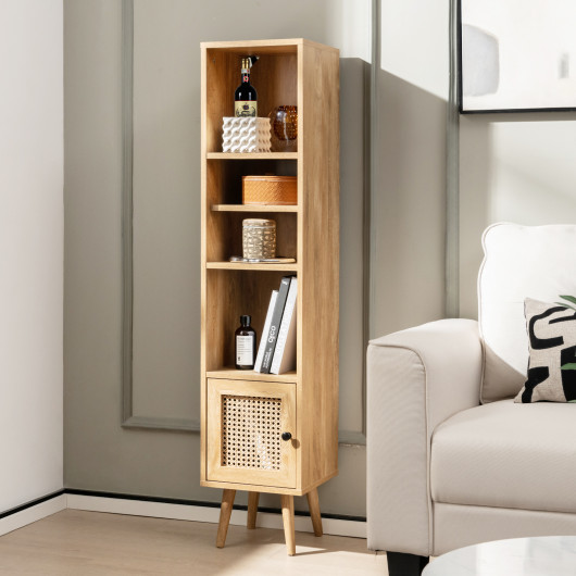 Slim Rattan Storage Cabinet with Adjustable Shelves and Natural Design