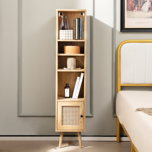 Slim Rattan Storage Cabinet with Adjustable Shelves and Natural Design