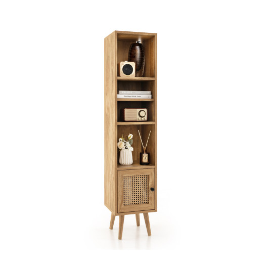 Slim Rattan Storage Cabinet with Adjustable Shelves and Natural Design