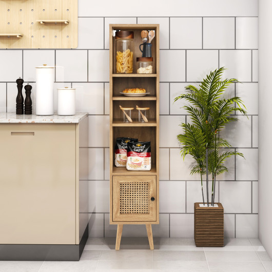 Slim Rattan Storage Cabinet with Adjustable Shelves and Natural Design