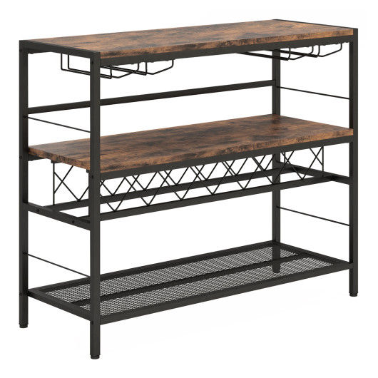 Rustic Brown 4-Tier Bar Table with Wine Rack and Holders - Image 3