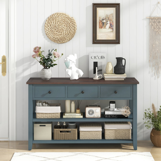 Dark Blue Narrow Entryway Table with Drawers and Shelves