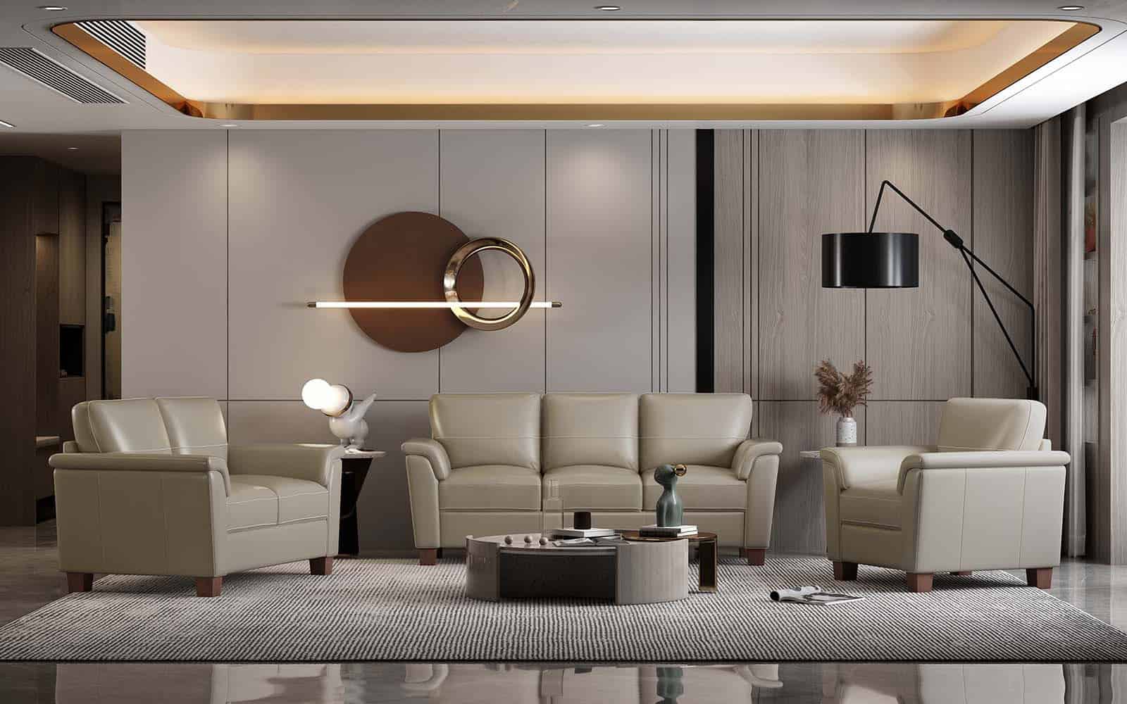Beige and Black Genuine Leather Loveseat with Square Arms