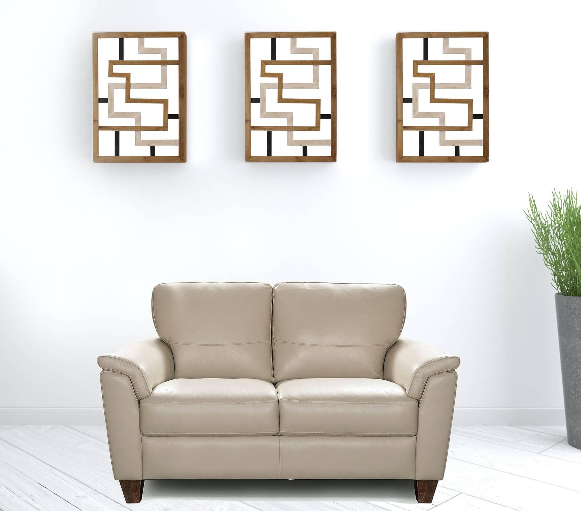 Beige and Black Genuine Leather Loveseat with Square Arms