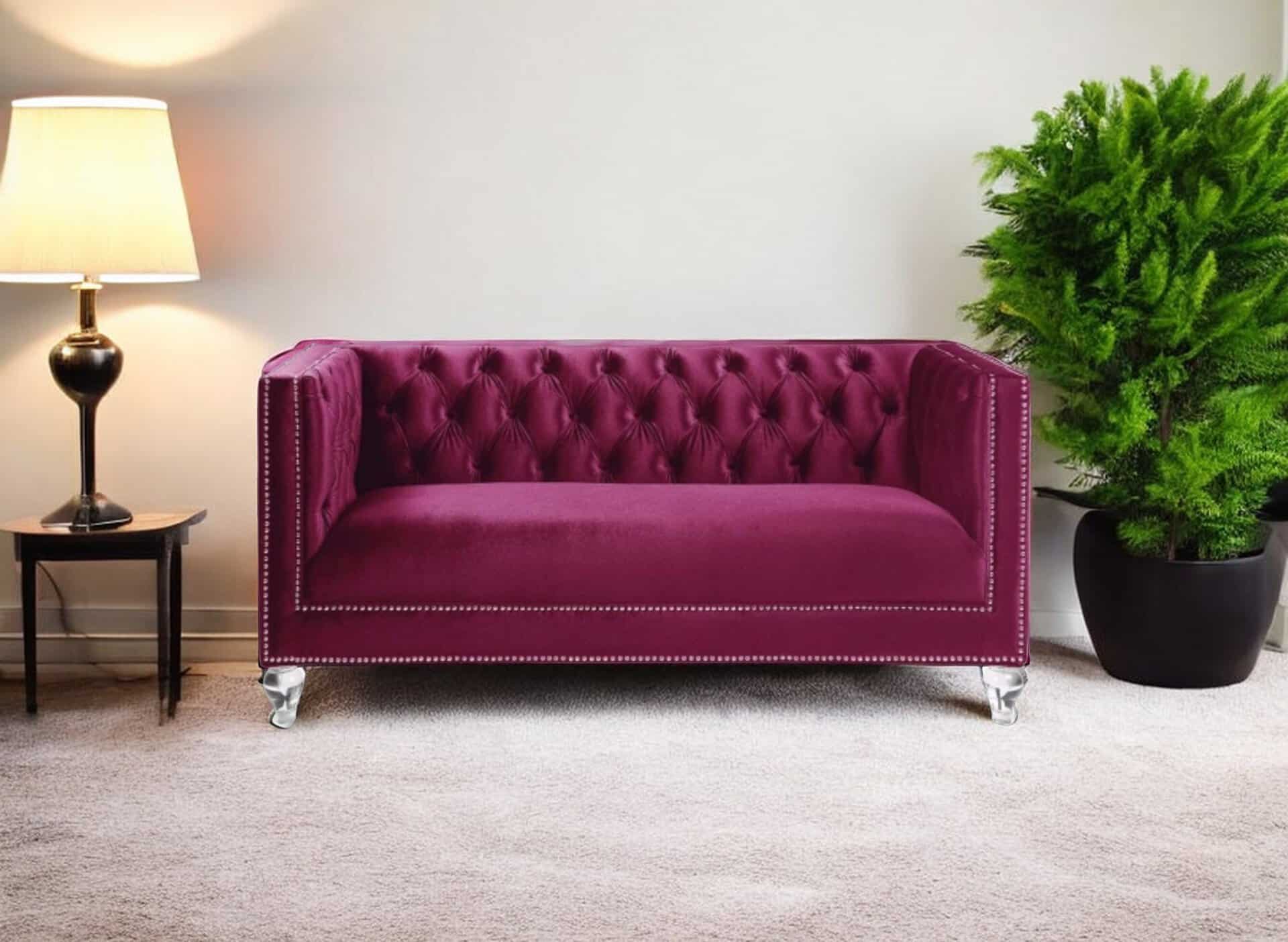 Burgundy Velvet Loveseat with Acrylic Legs and Tufted Design