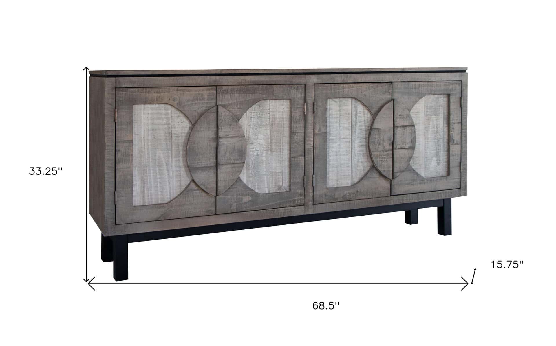 Distressed Gray Solid Wood Credenza with Fixed Shelf Storage