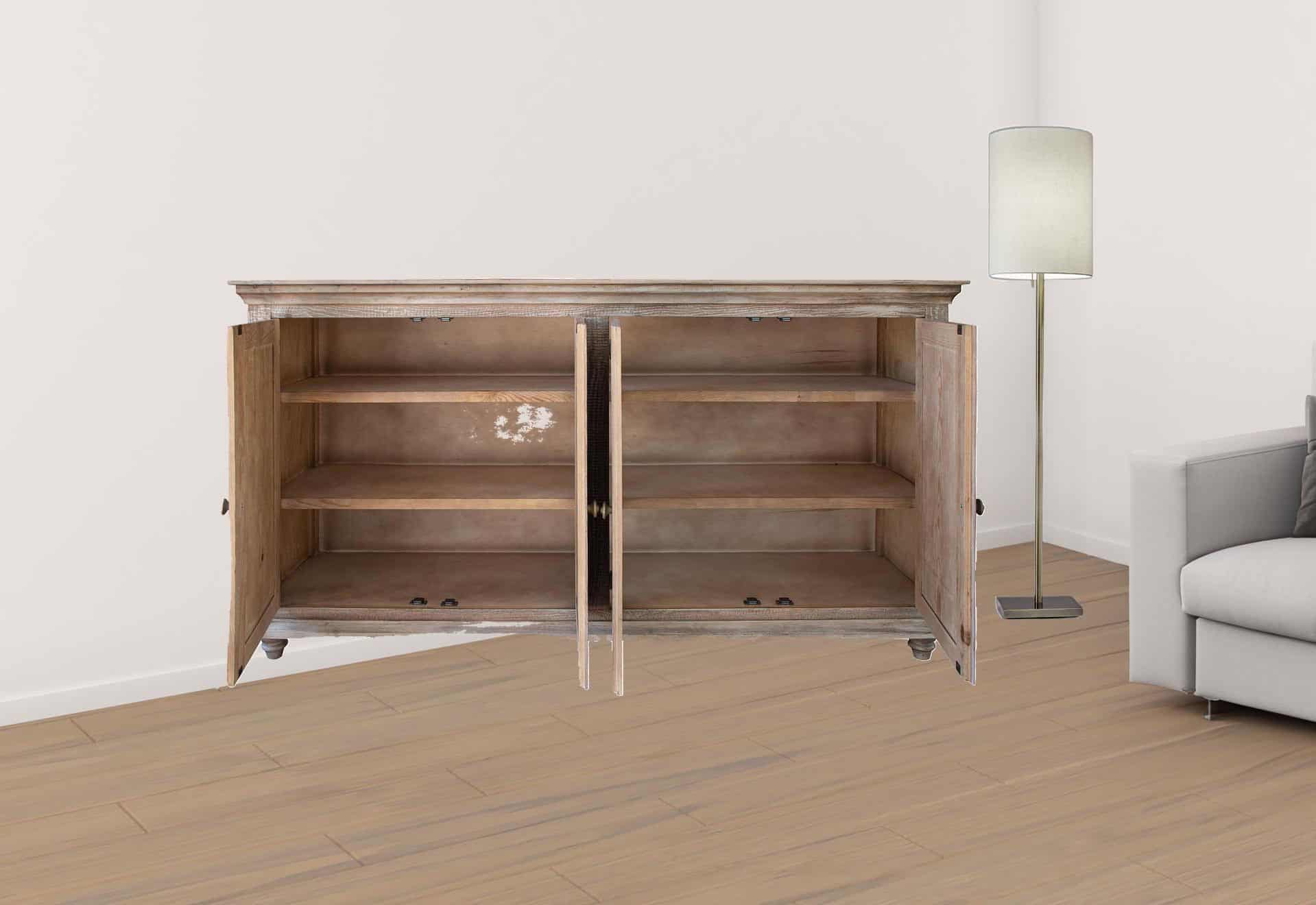 Distressed Mango and Pine Wood Credenza With Shelving 72 Inch