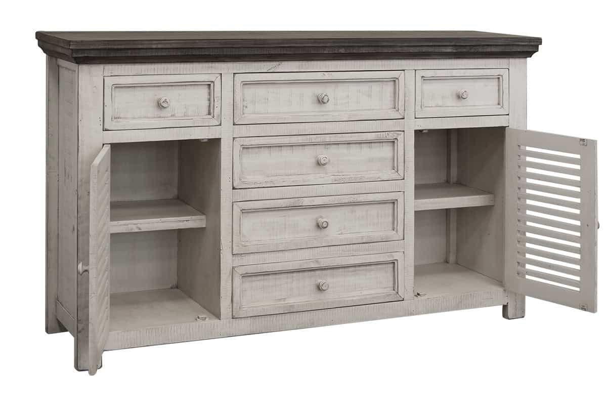 Distressed Antiqued White Buffet Table with Storage and Shelving