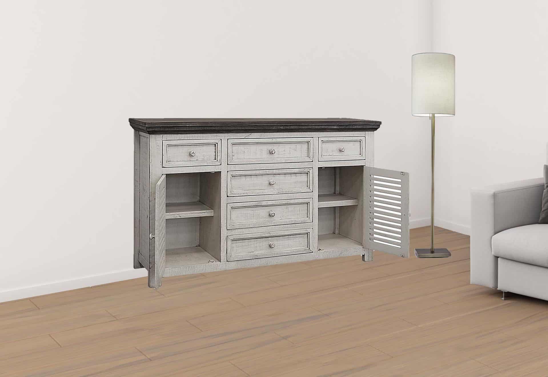 Distressed Antiqued White Buffet Table with Storage and Shelving