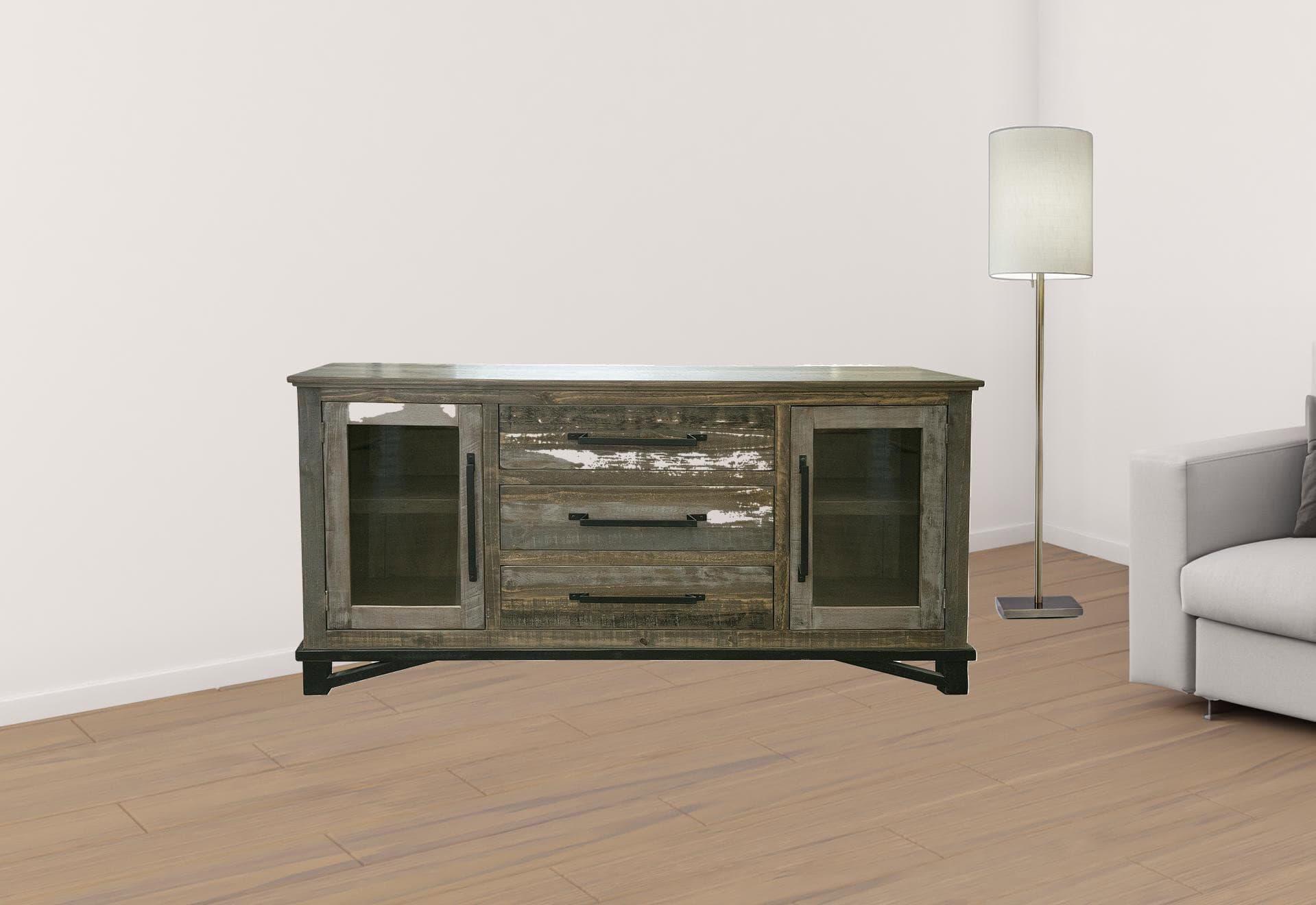 Rustic Distressed Wood Buffet Table with Shelving Storage