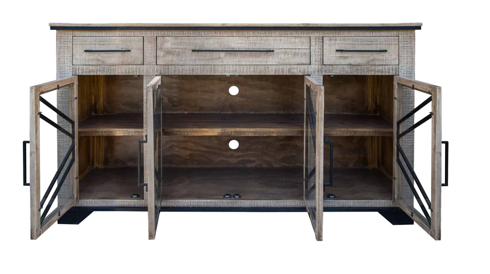 Rustic Distressed Wood Credenza with Shelving and Metal Accents