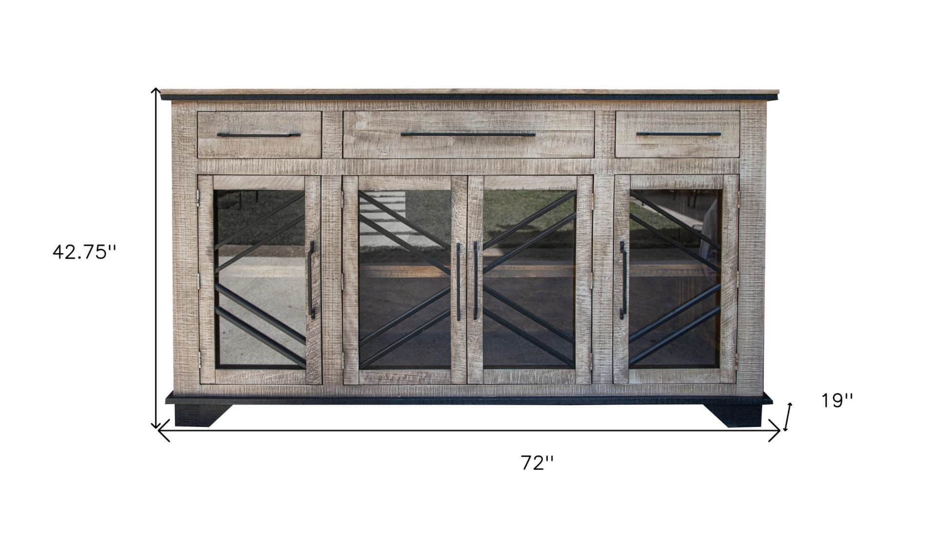 Rustic Distressed Wood Credenza with Shelving and Metal Accents