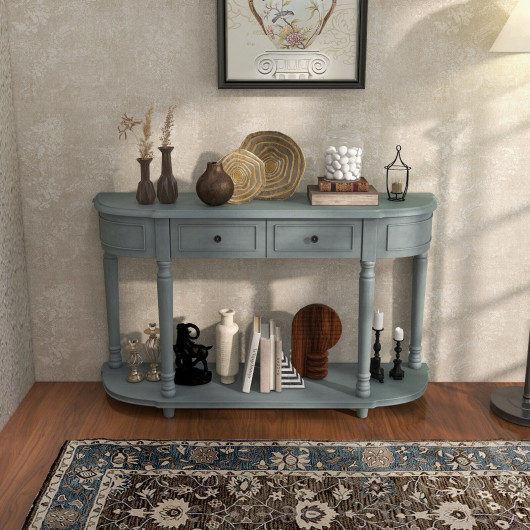 52 Inch Blue Vintage Console Table with Drawers and Shelf