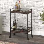 Modern Brown and Black Steel Rolling Bar Cart With Wheels